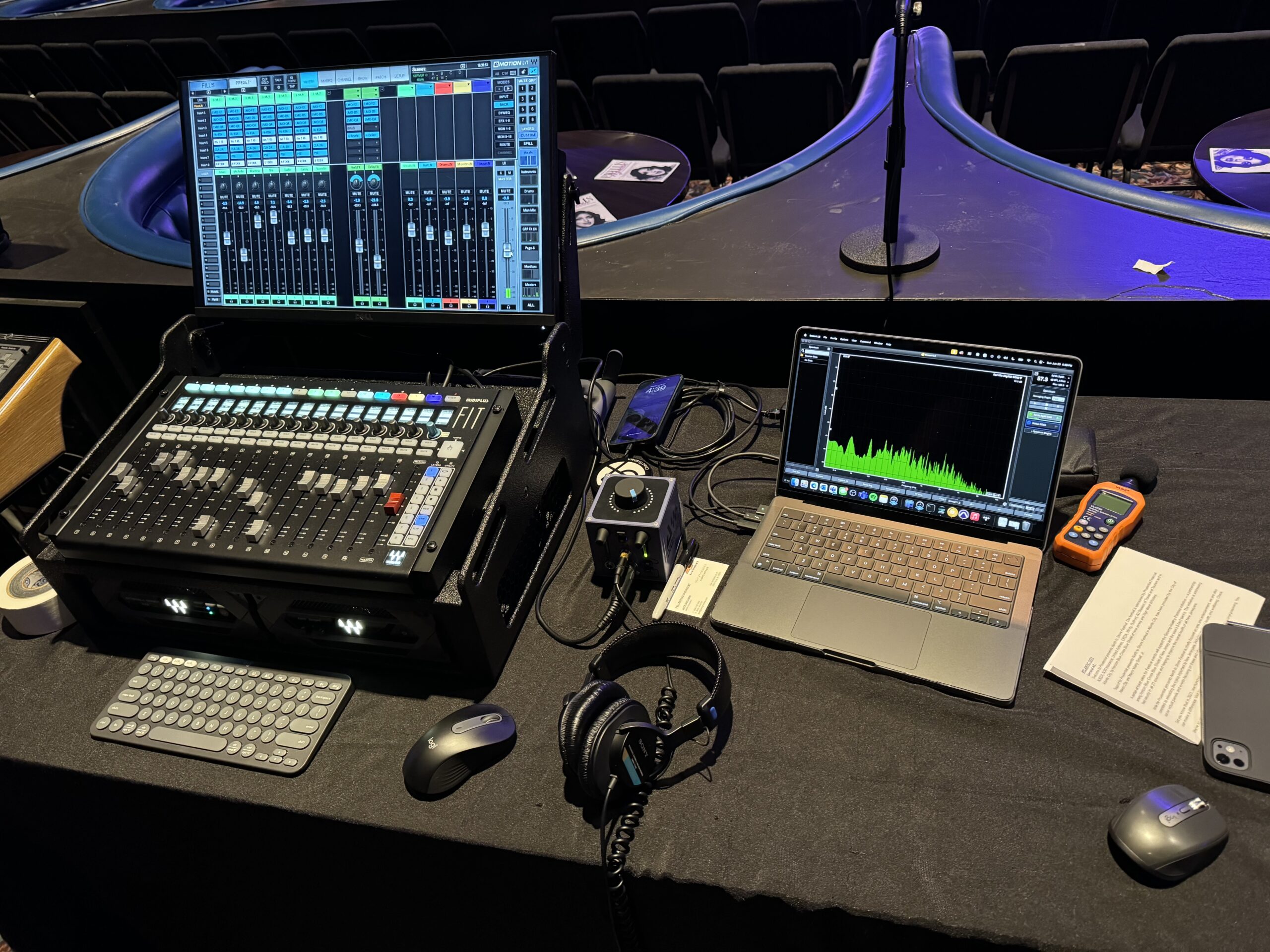 IndigoCorvid Live Mixing Rig front-of-house position with Waves eMotion LV1 mixer, laptop, and outboard hardware