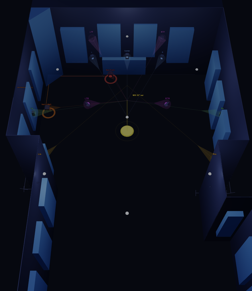 IndigoCorvid Studio A — 7.1.4 Atmos room model, ceiling tiles hidden to show speaker layout