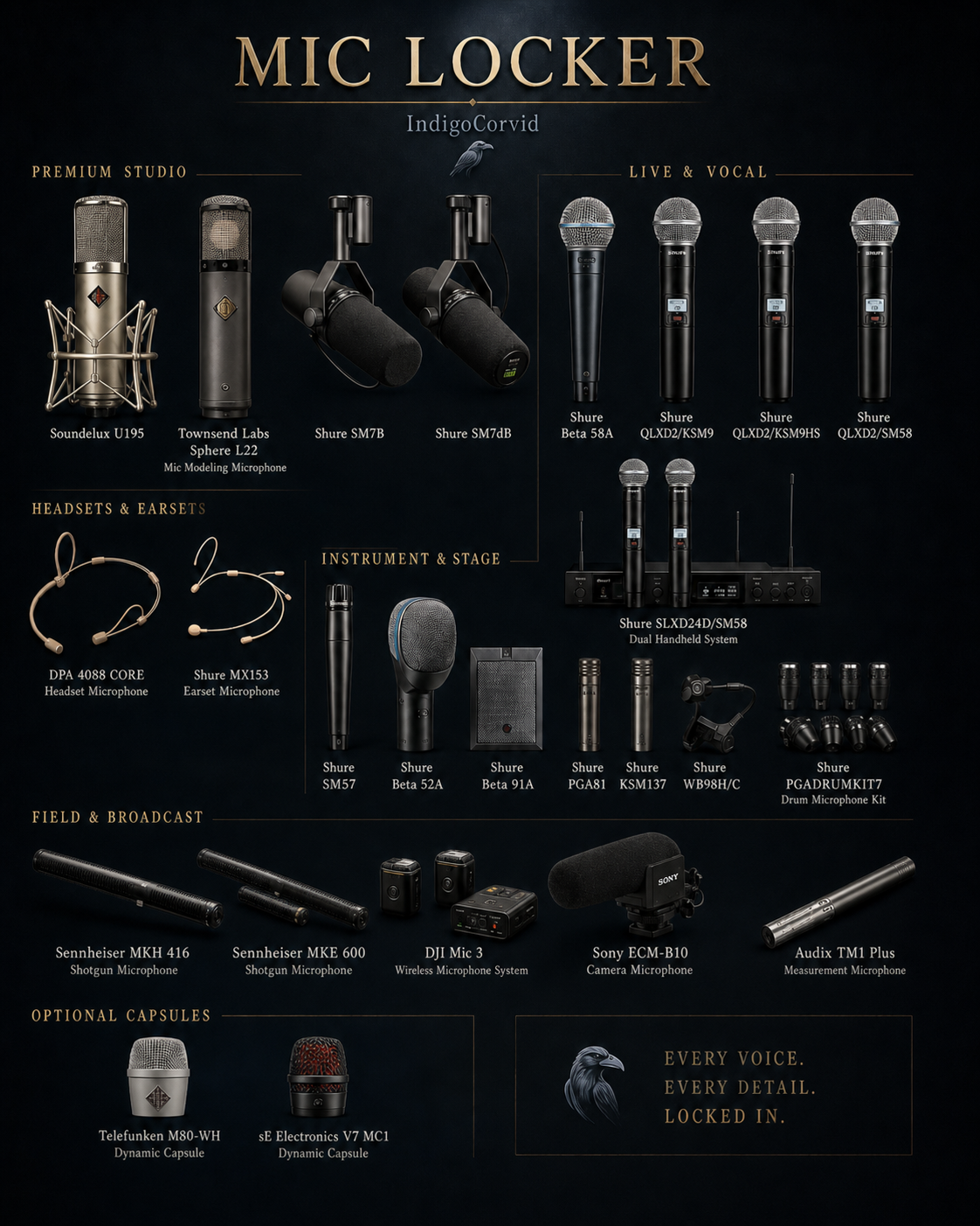 IndigoCorvid Mic Locker — a curated collection of studio, broadcast, live, instrument, headset, and location microphones
